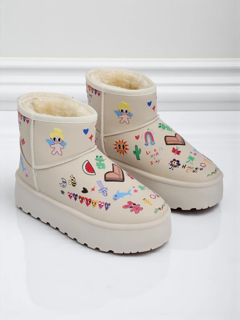 Škornji Lemuria - Kremni snežni škornji Doodle z debelim podplatom Furrini