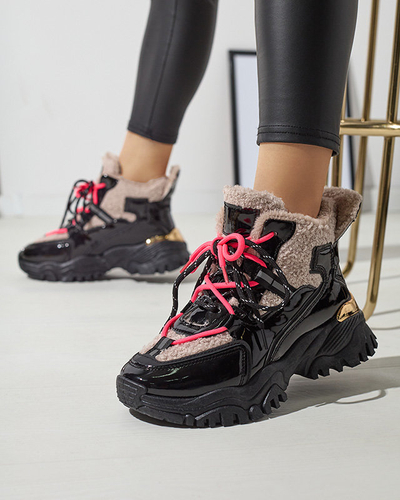 Čierna dámska športová obuv s kožušinou a neónovo ružovými šnúrkami Adbo- Footwear