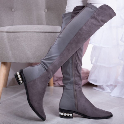 Sivé čižmy nad kolená so zdobeným podpätkom La Perla - Obuv