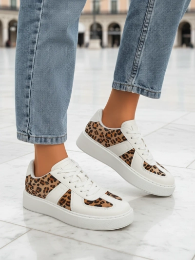 Ženski športni copati Calista Leopardia – Beli Eko Usnje Tkanina Pomlad 4cm