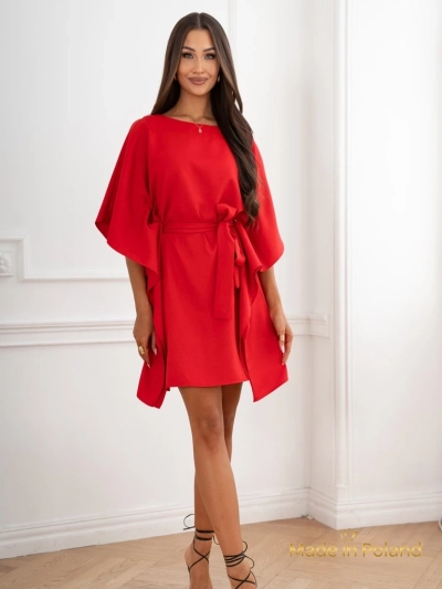 Eleganca Rdeča Obleka Athena z Dolgimi Rokavi