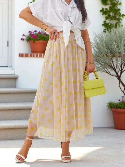 Royalfashion Dámska midi sukňa vyrobená z viskózy s tylom v bodkách