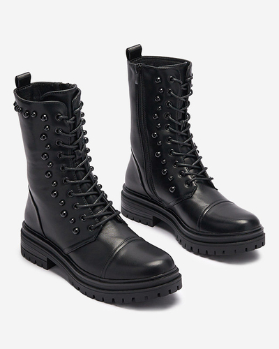 OUTLET Čierne dámske šnurovacie čižmy s perlami Gunny- Obuv