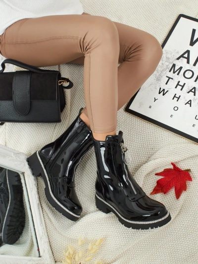 Lakirani eko skórzane botki damskie z cyrkoniami Nuvina