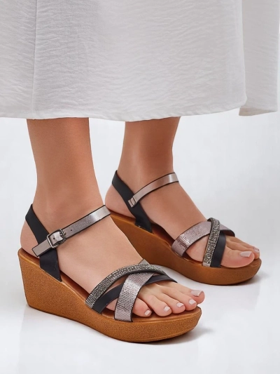 Royalfashion dámske wedge sandále s kamienkami a trblietaním Glittera
