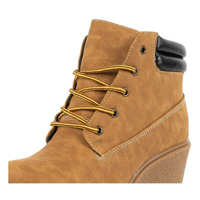 Brązowe botki na koturnie z czarną wstawką Marona - Obuwie