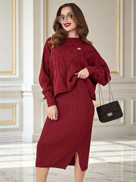 Royalfashion Akrýlový upletený ženský set so svetrom a sukňou Teplý a plyšový