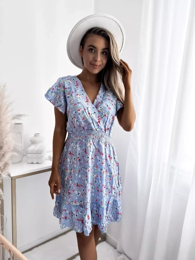 Royalfashion Modré dámske mini šaty s kvetinovým motívom