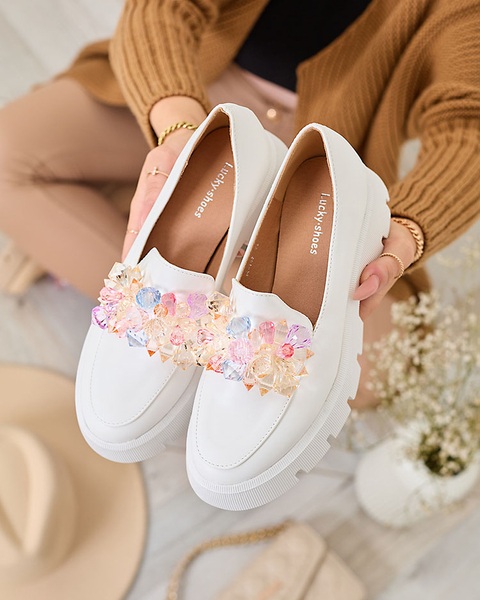 Royalfashion Biele dámske mokasíny s farebnými kryštálmi Crystal Glam