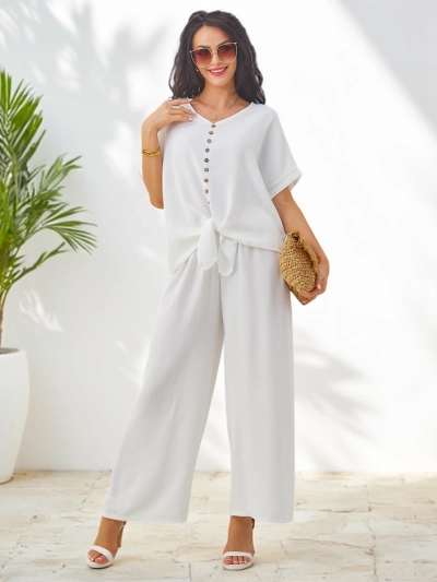 Royalfashion Dámsky casual set s blúzkou s krátkym rukávom a širokými nohavicami