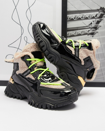 Čierna dámska športová obuv s kožušinou a neónovo žltými šnúrkami Adbo- Footwear