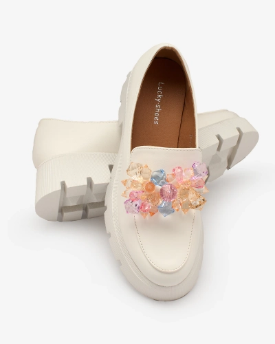 Royalfashion Biele dámske mokasíny s farebnými kryštálmi Crystal Glam