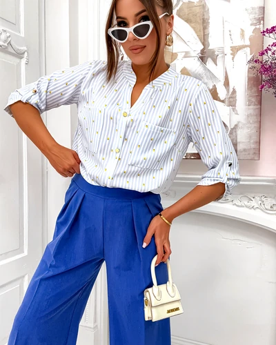 Royalfashion Dámska pruhovaná košeľa s citrónmi a výstrihom do V