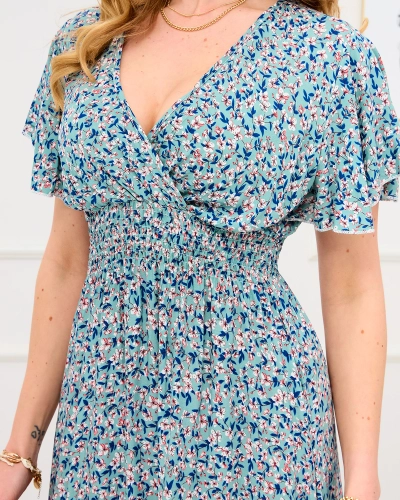 Zelené dámske kvetinové šaty s obálkovým výstrihom - Oblečenie