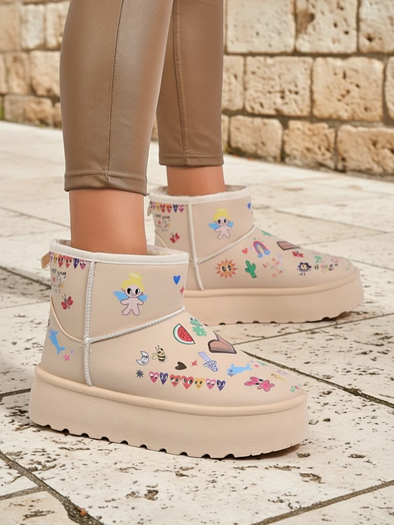 Topli Čevlji Callisto Angelico z Otroškimi Risbami na Platformi Bež