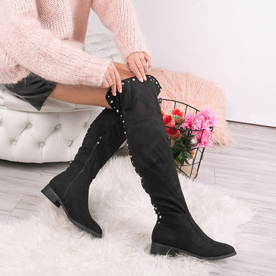 Czarne kozaki z perełkami i dżetami Floriana - Obuwie