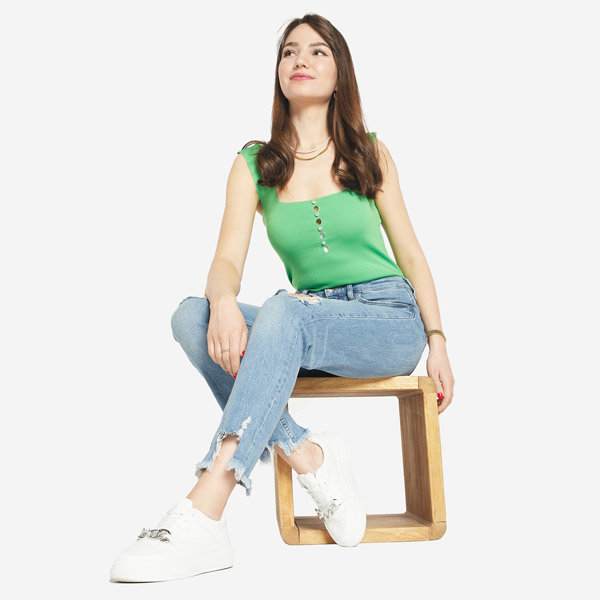 Dámsky zelený top s kubickými zirkónmi a'la gombíky- Oblečenie