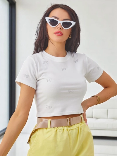 Royalfashion Dámsky bavlnený crop top s kamienkami v tvare mašle