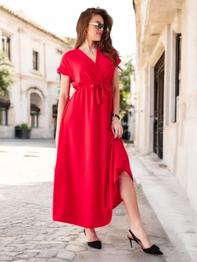 Royalfashion Dámske midi šaty s prekladaným výstrihom, krátkymi rukávmi a opaskom