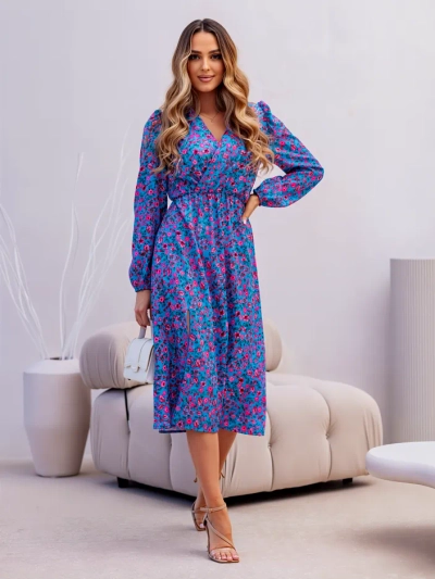 Dámske midi šaty Royalfashion s drobnými kvetinkami, obálkovým výstrihom a rozparkom