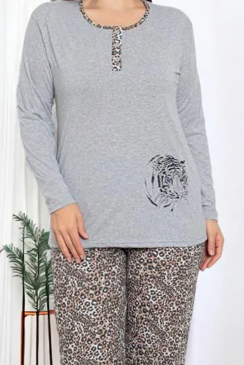 Royalfashion Šedé dámske pajama s 2 kusmi v leopardiom vzore PLUS SIZE