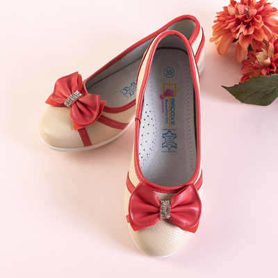 Béžové a červené detské balerínky s mašľou Portia - Topánky