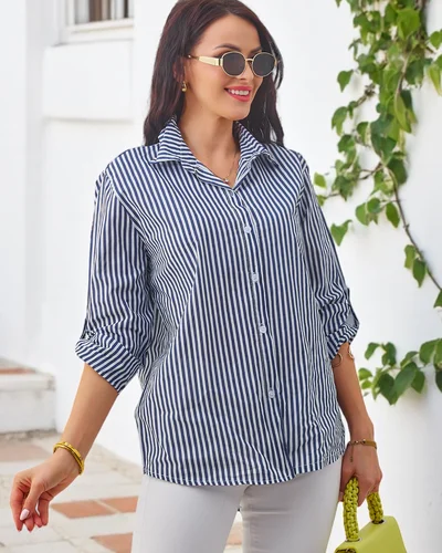Royalfashion Bavlnená pruhovaná blúzka pre ženy s viazaním na spodnej časti