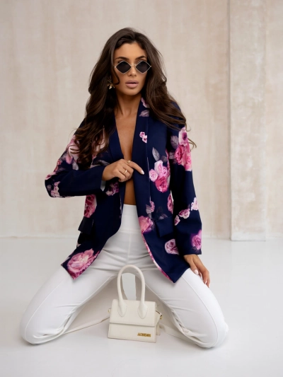 Royalfashion Dámsky blazer bez zapínania s ružovými kvetmi