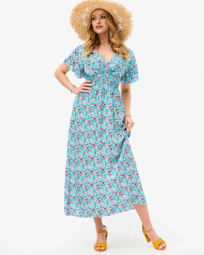 Kvetinové modré dámske midi šaty s obálkovým výstrihom - Oblečenie