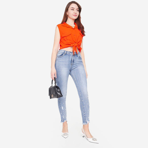 Oranžová crop top blúzka so zapínaním na gombíky - Oblečenie