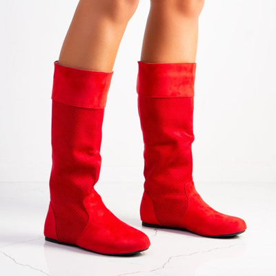 Czerwone kozaki z ażurową cholewką Marira - Obuwie
