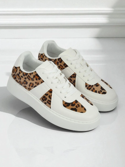 Ženski športni copati Calista Leopardia – Beli Eko Usnje Tkanina Pomlad 4cm