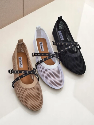 Balerinke Royalfashion Calista Bianca – mrežasti beli ženski čevlji s črnimi paščki