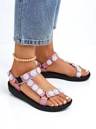 Sandali Letitia Royalfashion roza s platformo - biserni džeti klasični