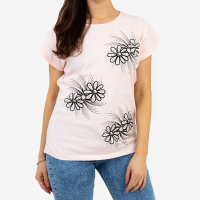 Ružové dámske tričko s potlačou kvetov - Oblečenie