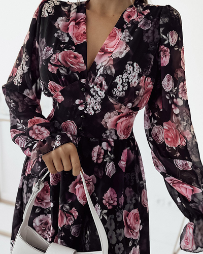 Royalfashion Čierno-ružové dámske kvetované mini šaty