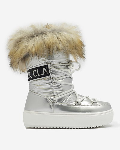Strieborné detské slip-on topánky a'la snow boots s kožušinkou Asika - Obuv