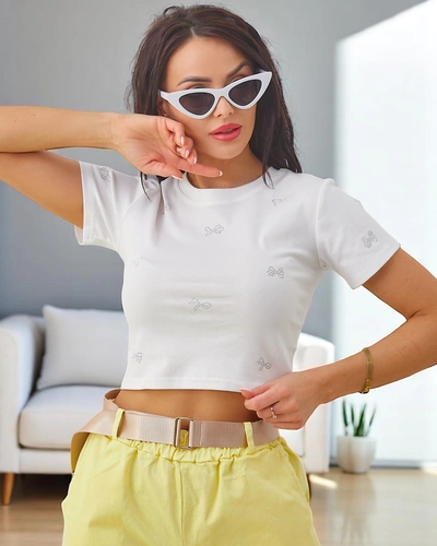 Royalfashion Dámsky bavlnený crop top s kamienkami v tvare mašle