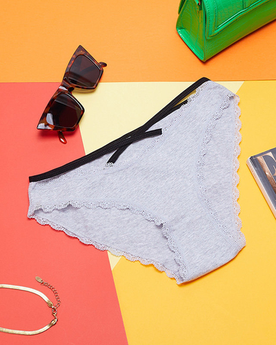 Šedé dámske nohavičky s čipkou a prúžkami - Spodná bielizeň