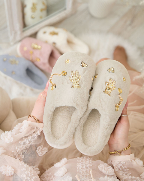 Royalfashion Béžové dámske kožušinové papuče s ornamentmi Erserra