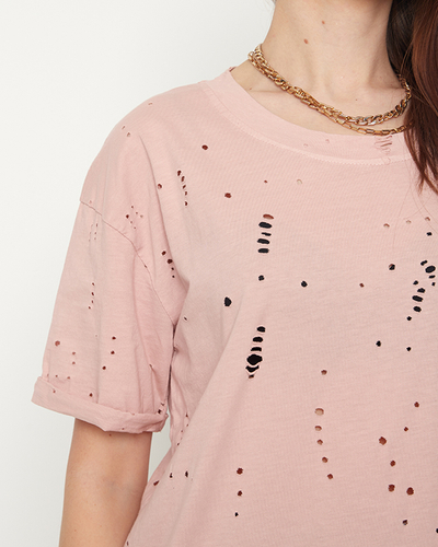 Bavlnené dámske tričko s ozdobnými dierkami v pastelovej ružovej farbe - Oblečenie