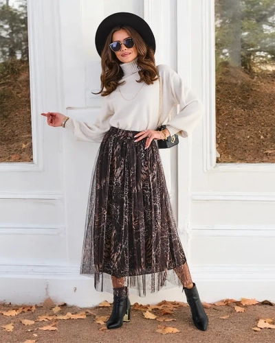 Royalfashion Dámska midi sukňa s vzorom a ti ulom