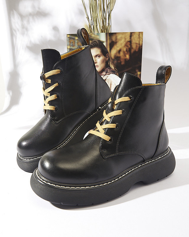 Čierne dámske čižmy z ekokože so žltými šnúrkami Getysa - Obuv