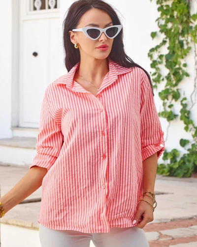 Royalfashion Dámska pruhovaná bavlnená košeľa s viazaním na spodnej časti
