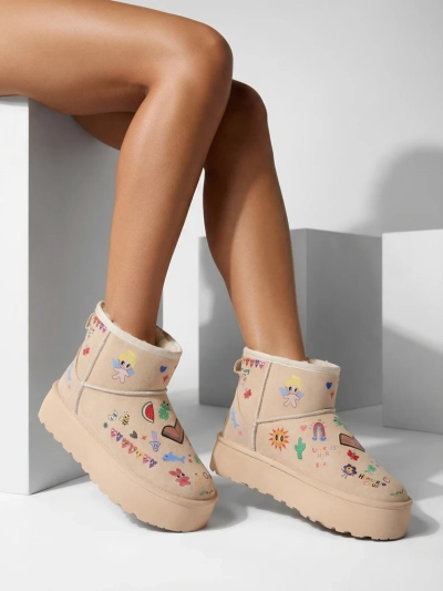 Topli Čevlji Callisto Angelico z Otroškimi Risbami na Platformi Bež