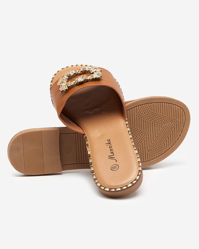 OUTLET Svetlohnedé dámske elegantné papuče so zlatým zdobením Meriso - Footwear