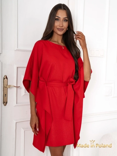 Eleganca Rdeča Obleka Athena z Dolgimi Rokavi