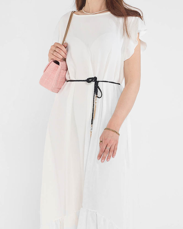 Dámske biele šaty s volánmi a zaväzovacím opaskom v páse - Oblečenie