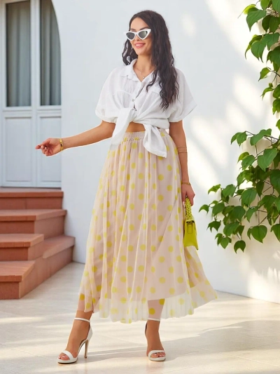 Royalfashion Dámska midi sukňa vyrobená z viskózy s tylom v bodkách