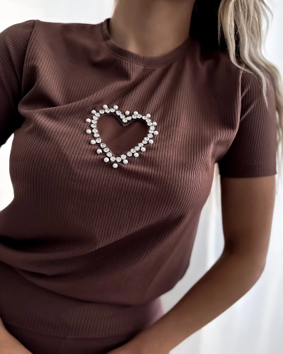 Royalfashion Tmavohnedá dámska športová súprava so srdiečkami